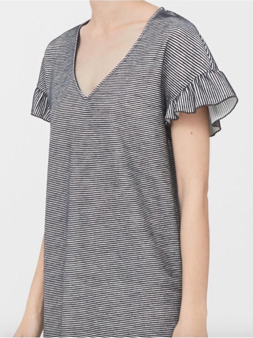 MANGO V-neck Shift Dress Mini with Ruffle Short Sleeves Blue and White Striped